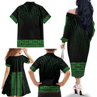 New Zealand Maori Kowhaiwhai Family Matching Off The Shoulder Long Sleeve Dress and Hawaiian Shirt Kakariki Maui and Mangopare