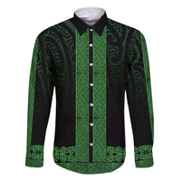 New Zealand Maori Kowhaiwhai Family Matching Off Shoulder Maxi Dress and Hawaiian Shirt Kakariki Maui and Mangopare LT9 Dad's Shirt - Long Sleeve Green - Polynesian Pride