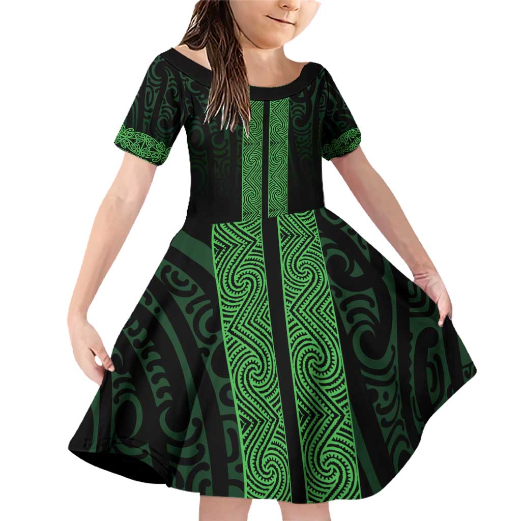 New Zealand Maori Kowhaiwhai Family Matching Off Shoulder Short Dress and Hawaiian Shirt Kakariki Maui and Mangopare LT9 Daughter's Dress Green - Polynesian Pride