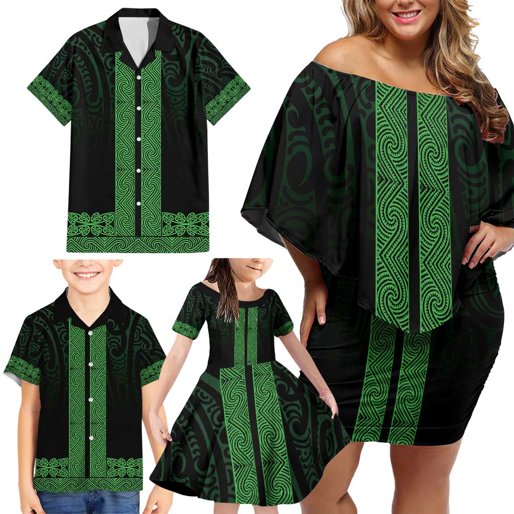 New Zealand Maori Kowhaiwhai Family Matching Off Shoulder Short Dress and Hawaiian Shirt Kakariki Maui and Mangopare LT9 - Polynesian Pride