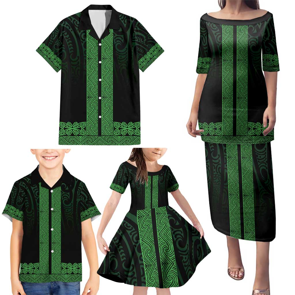 New Zealand Maori Kowhaiwhai Family Matching Puletasi and Hawaiian Shirt Kakariki Maui and Mangopare