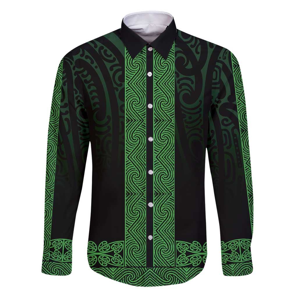 New Zealand Maori Kowhaiwhai Family Matching Puletasi and Hawaiian Shirt Kakariki Maui and Mangopare LT9 Dad's Shirt - Long Sleeve Green - Polynesian Pride