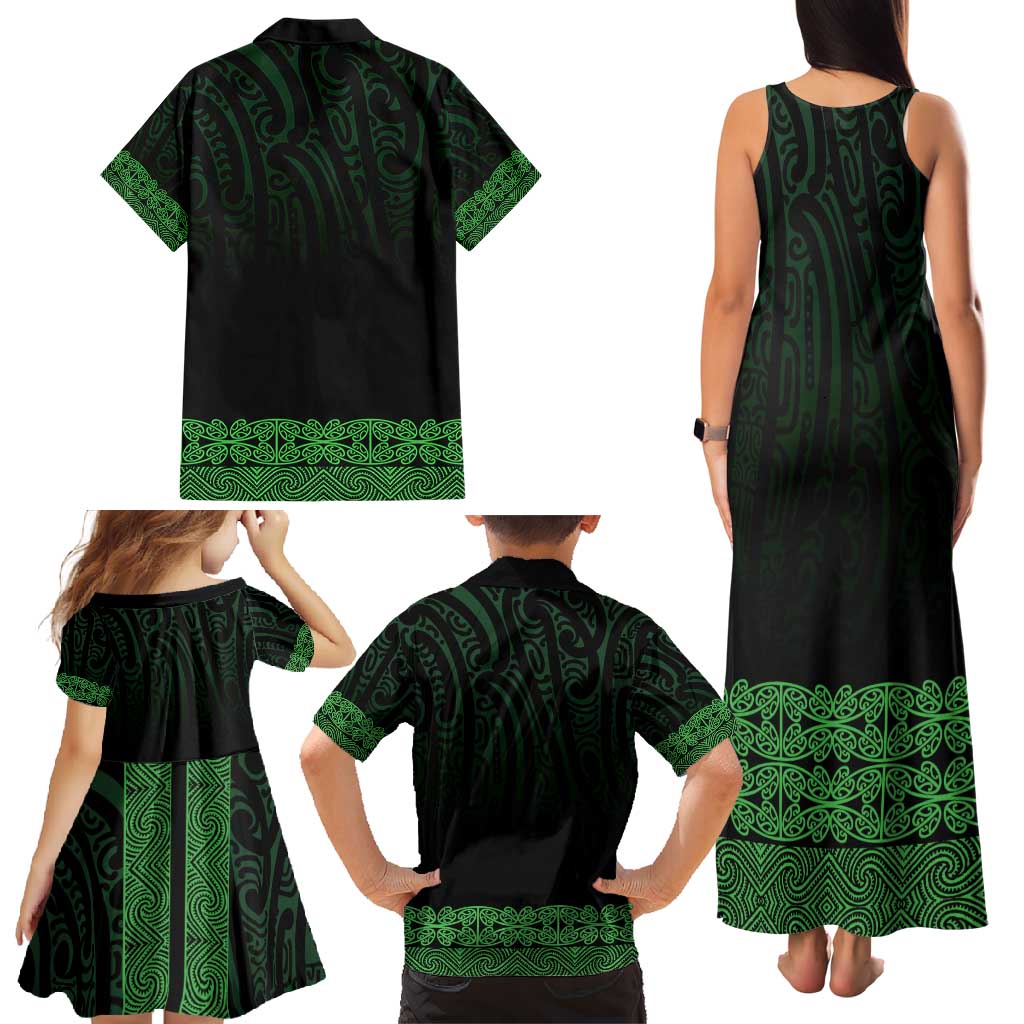 New Zealand Maori Kowhaiwhai Family Matching Tank Maxi Dress and Hawaiian Shirt Kakariki Maui and Mangopare