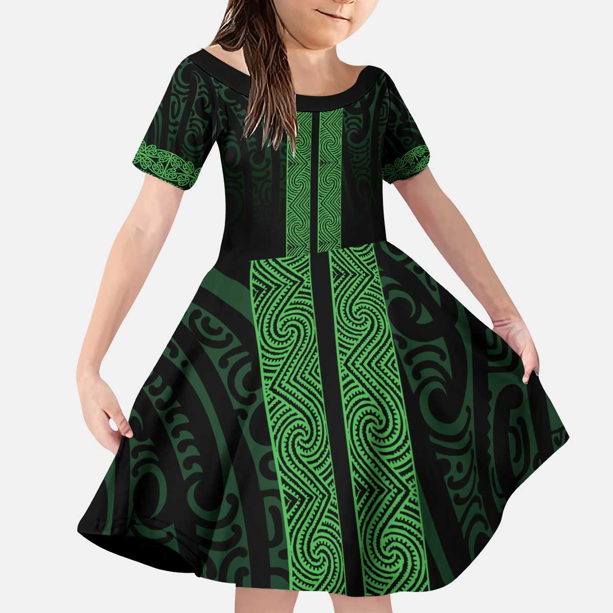 New Zealand Maori Kowhaiwhai Kid Short Sleeve Dress Kakariki Maui and Mangopare