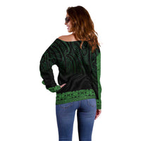 New Zealand Maori Kowhaiwhai Off Shoulder Sweater Kakariki Maui and Mangopare LT9 - Polynesian Pride