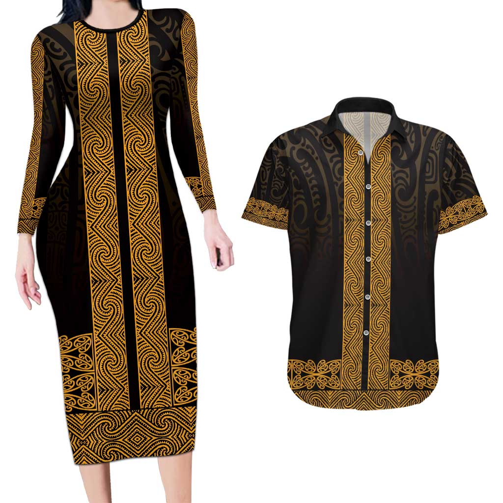 New Zealand Maori Kowhaiwhai Couples Matching Long Sleeve Bodycon Dress and Hawaiian Shirt Karaka Maui and Mangopare LT9 Gold - Polynesian Pride