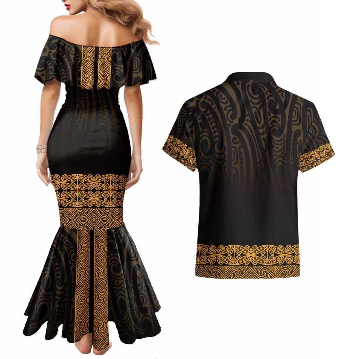 New Zealand Maori Kowhaiwhai Couples Matching Mermaid Dress and Hawaiian Shirt Karaka Maui and Mangopare LT9 - Polynesian Pride