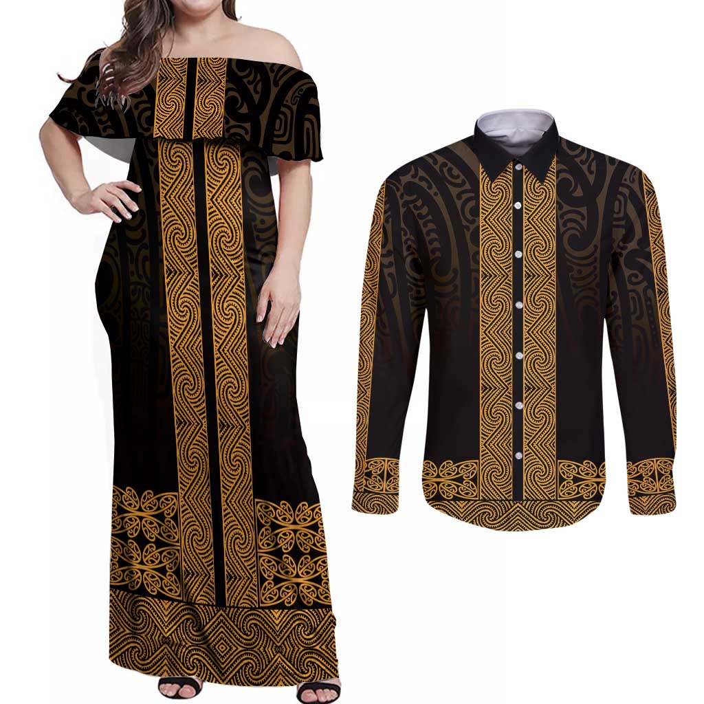 New Zealand Maori Kowhaiwhai Couples Matching Off Shoulder Maxi Dress and Long Sleeve Button Shirt Karaka Maui and Mangopare LT9 Gold - Polynesian Pride