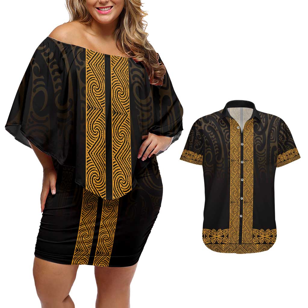 New Zealand Maori Kowhaiwhai Couples Matching Off Shoulder Short Dress and Hawaiian Shirt Karaka Maui and Mangopare LT9 Gold - Polynesian Pride
