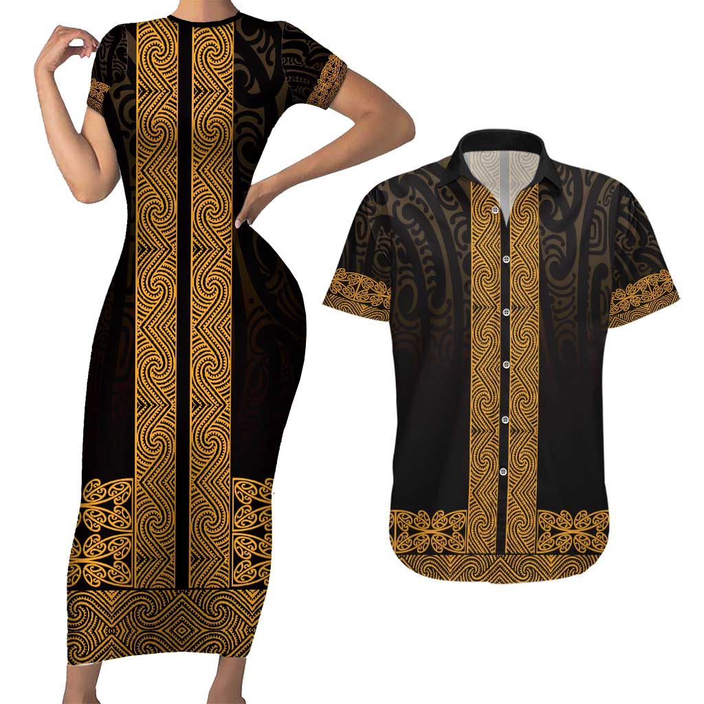 New Zealand Maori Kowhaiwhai Couples Matching Short Sleeve Bodycon Dress and Hawaiian Shirt Karaka Maui and Mangopare LT9 Gold - Polynesian Pride