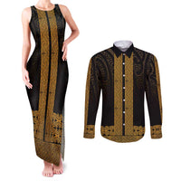 New Zealand Maori Kowhaiwhai Couples Matching Tank Maxi Dress and Long Sleeve Button Shirt Karaka Maui and Mangopare LT9 Gold - Polynesian Pride