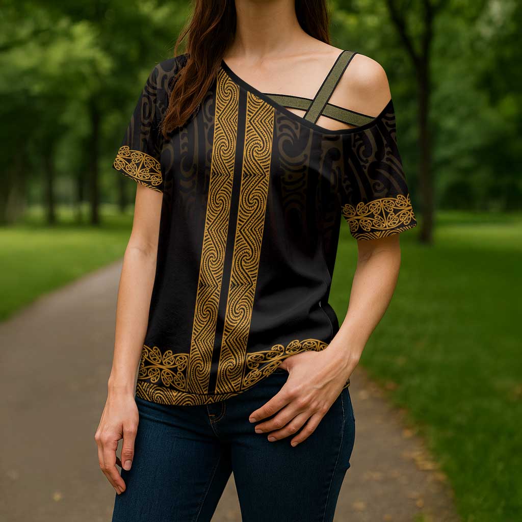 New Zealand Maori Kowhaiwhai Cross Shoulder Shirt Karaka Maui and Mangopare - Polynesian Pride