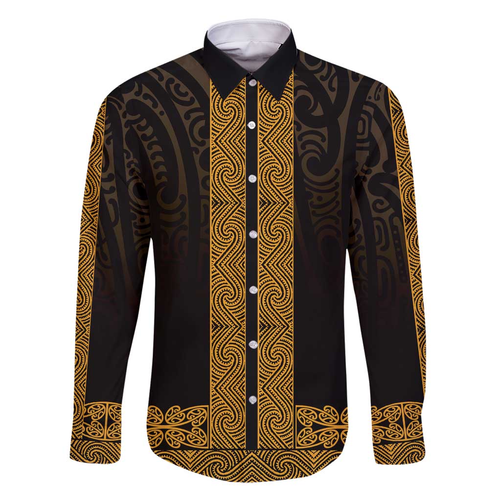 New Zealand Maori Kowhaiwhai Family Matching Long Sleeve Bodycon Dress and Hawaiian Shirt Karaka Maui and Mangopare LT9 Dad's Shirt - Long Sleeve Gold - Polynesian Pride