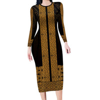 New Zealand Maori Kowhaiwhai Family Matching Long Sleeve Bodycon Dress and Hawaiian Shirt Karaka Maui and Mangopare LT9 Mom's Dress Gold - Polynesian Pride