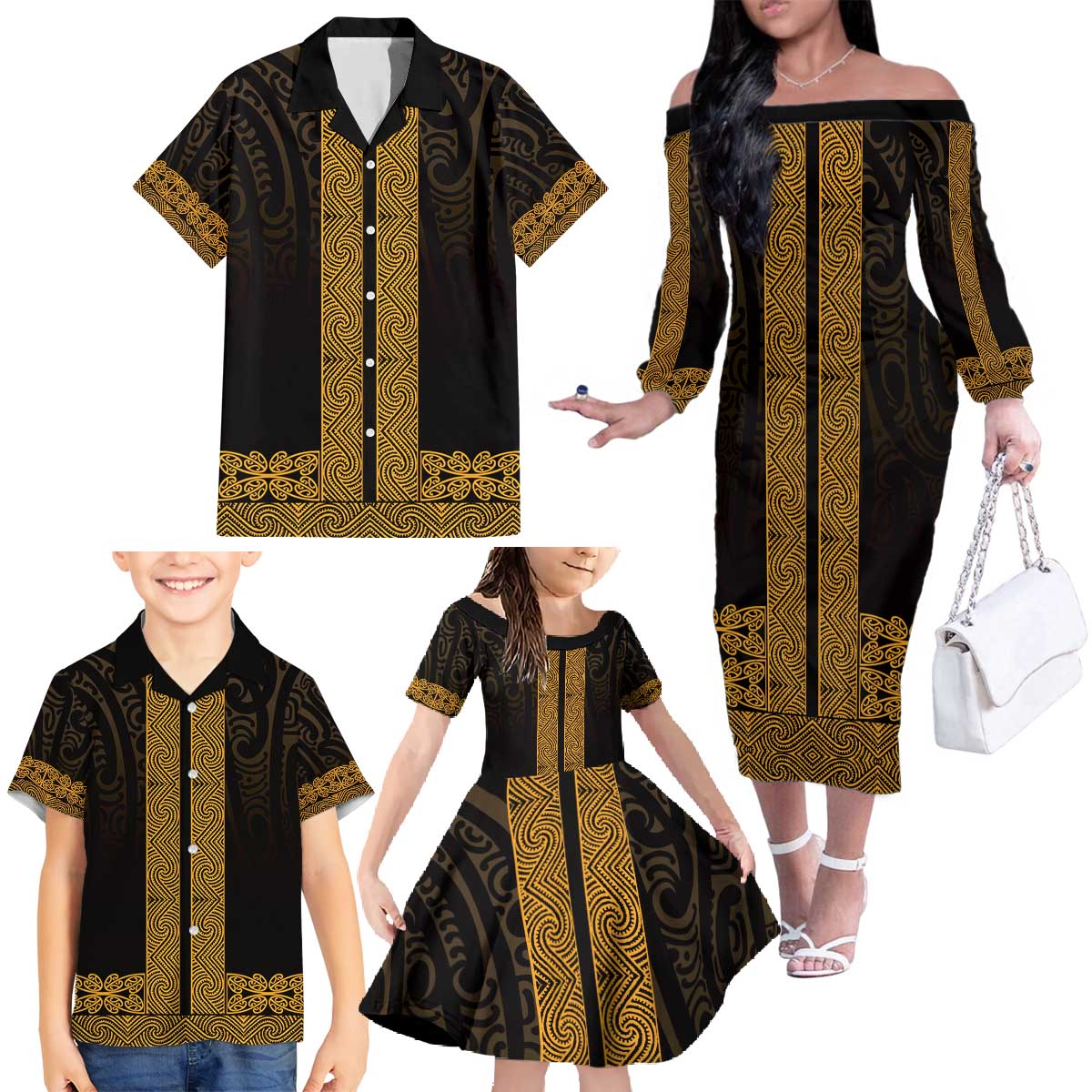 New Zealand Maori Kowhaiwhai Family Matching Off The Shoulder Long Sleeve Dress and Hawaiian Shirt Karaka Maui and Mangopare