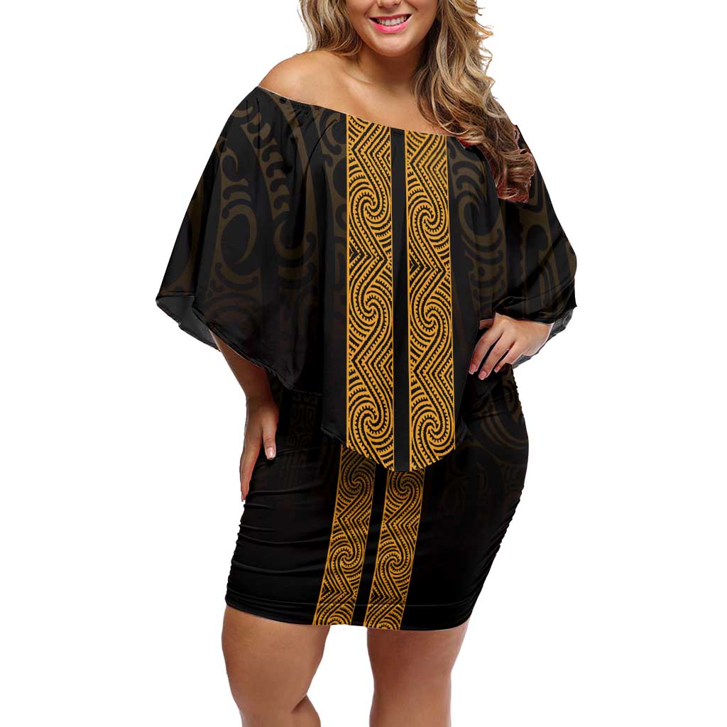 New Zealand Maori Kowhaiwhai Family Matching Off Shoulder Short Dress and Hawaiian Shirt Karaka Maui and Mangopare LT9 Mom's Dress Gold - Polynesian Pride
