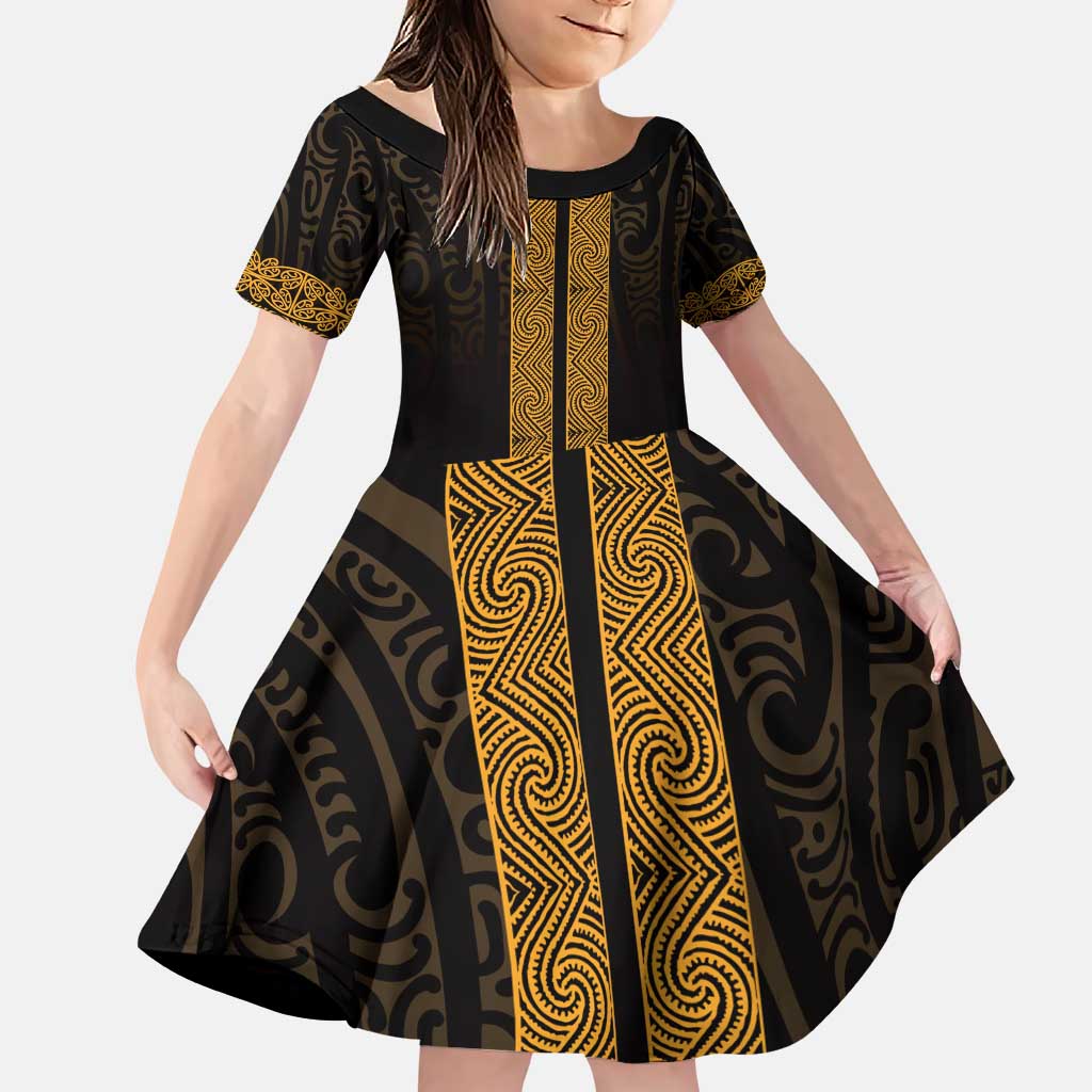 New Zealand Maori Kowhaiwhai Family Matching Puletasi and Hawaiian Shirt Karaka Maui and Mangopare LT9 Daughter's Dress Gold - Polynesian Pride
