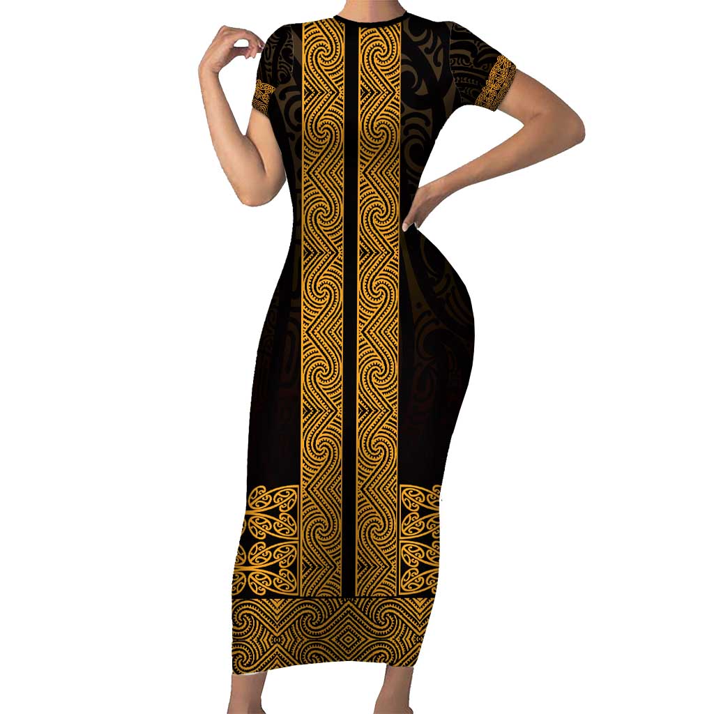 New Zealand Maori Kowhaiwhai Family Matching Short Sleeve Bodycon Dress and Hawaiian Shirt Karaka Maui and Mangopare LT9 Mom's Dress Gold - Polynesian Pride