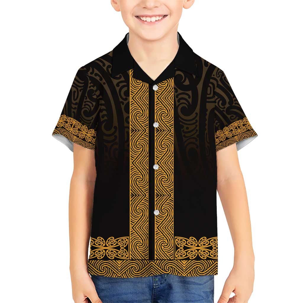 New Zealand Maori Kowhaiwhai Family Matching Short Sleeve Bodycon Dress and Hawaiian Shirt Karaka Maui and Mangopare LT9 Son's Shirt Gold - Polynesian Pride