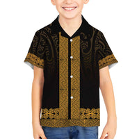 New Zealand Maori Kowhaiwhai Family Matching Summer Maxi Dress and Hawaiian Shirt Karaka Maui and Mangopare LT9 Son's Shirt Gold - Polynesian Pride