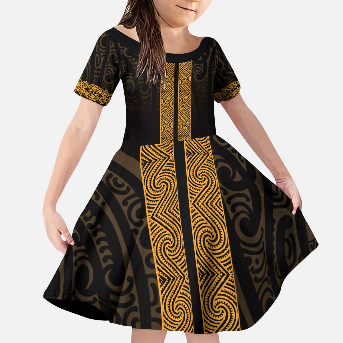 New Zealand Maori Kowhaiwhai Kid Short Sleeve Dress Karaka Maui and Mangopare
