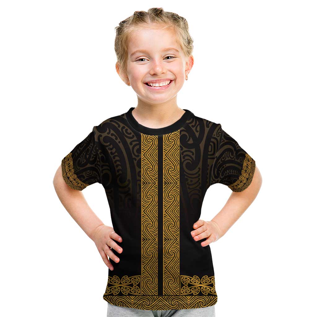 New Zealand Maori Kowhaiwhai Kid T Shirt Karaka Maui and Mangopare LT9 Gold - Polynesian Pride