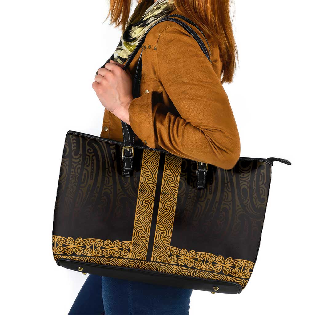New Zealand Maori Kowhaiwhai Leather Tote Bag Karaka Maui and Mangopare LT9 Gold - Polynesian Pride
