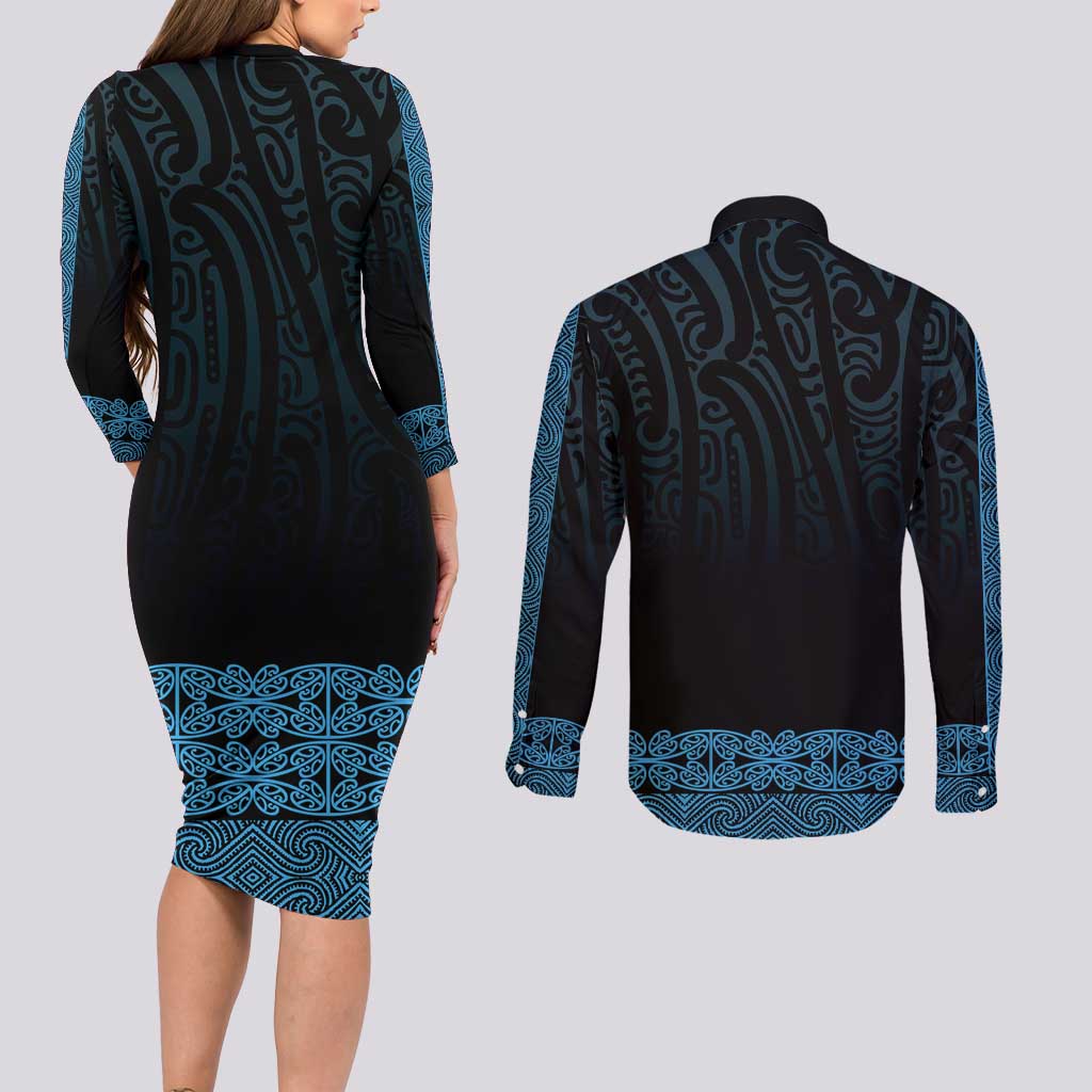 New Zealand Maori Kowhaiwhai Couples Matching Long Sleeve Bodycon Dress and Long Sleeve Button Shirt Kikorangi Maui and Mangopare LT9 - Polynesian Pride