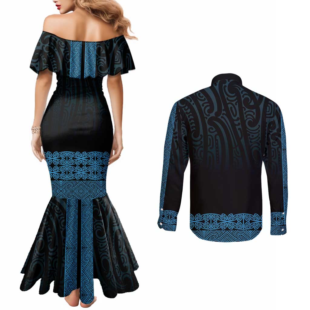 New Zealand Maori Kowhaiwhai Couples Matching Mermaid Dress and Long Sleeve Button Shirt Kikorangi Maui and Mangopare LT9 - Polynesian Pride