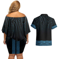 New Zealand Maori Kowhaiwhai Couples Matching Off Shoulder Short Dress and Hawaiian Shirt Kikorangi Maui and Mangopare LT9 - Polynesian Pride
