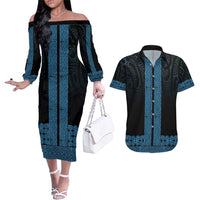 New Zealand Maori Kowhaiwhai Couples Matching Off The Shoulder Long Sleeve Dress and Hawaiian Shirt Kikorangi Maui and Mangopare