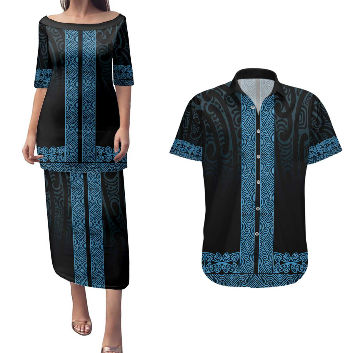 New Zealand Maori Kowhaiwhai Couples Matching Puletasi and Hawaiian Shirt Kikorangi Maui and Mangopare LT9 Blue - Polynesian Pride