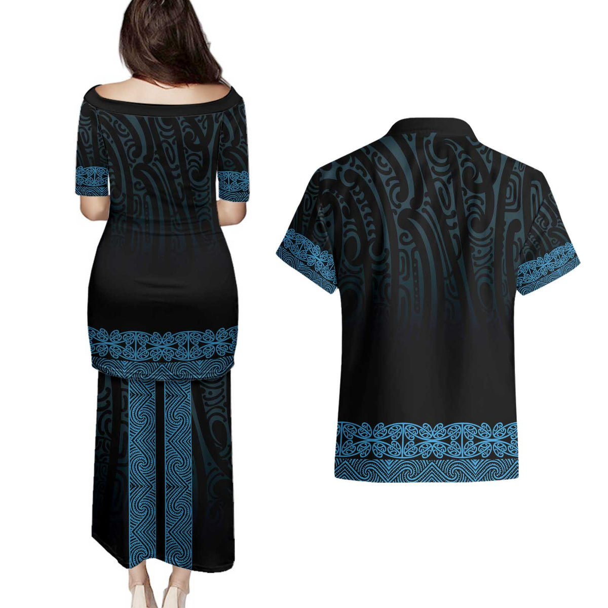New Zealand Maori Kowhaiwhai Couples Matching Puletasi and Hawaiian Shirt Kikorangi Maui and Mangopare LT9 - Polynesian Pride