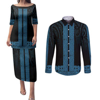 New Zealand Maori Kowhaiwhai Couples Matching Puletasi and Long Sleeve Button Shirt Kikorangi Maui and Mangopare LT9 Blue - Polynesian Pride