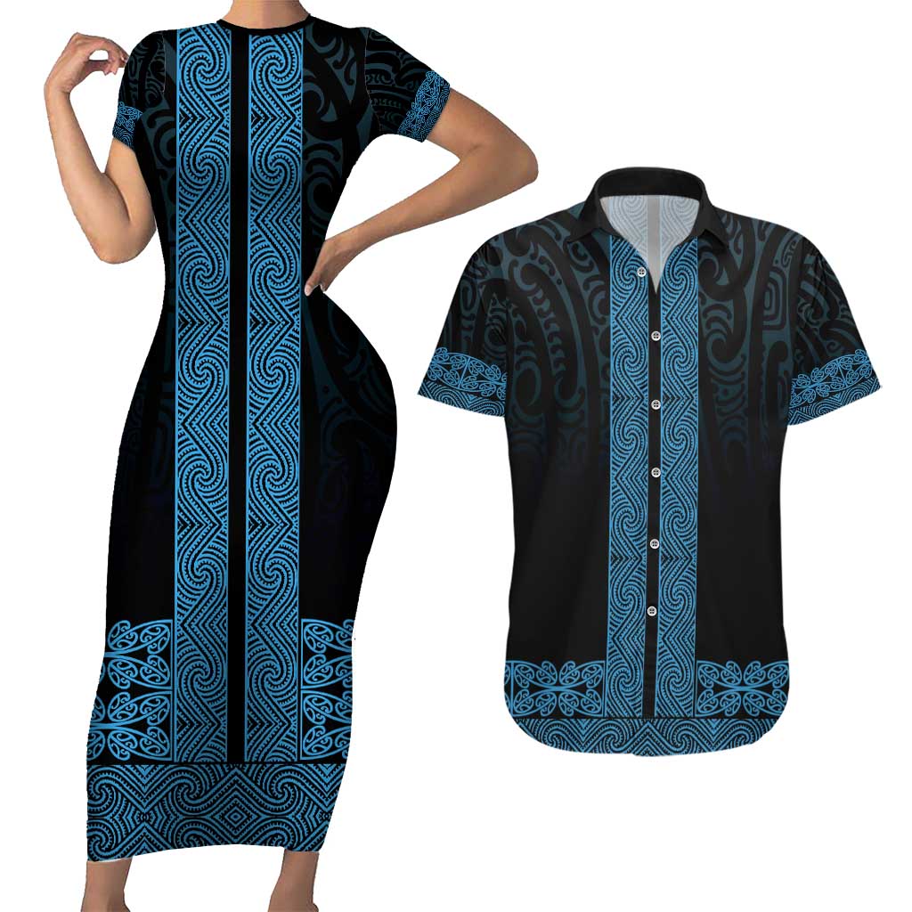 New Zealand Maori Kowhaiwhai Couples Matching Short Sleeve Bodycon Dress and Hawaiian Shirt Kikorangi Maui and Mangopare LT9 Blue - Polynesian Pride