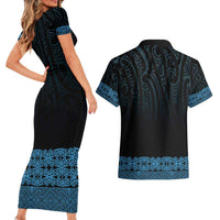 New Zealand Maori Kowhaiwhai Couples Matching Short Sleeve Bodycon Dress and Hawaiian Shirt Kikorangi Maui and Mangopare LT9 - Polynesian Pride
