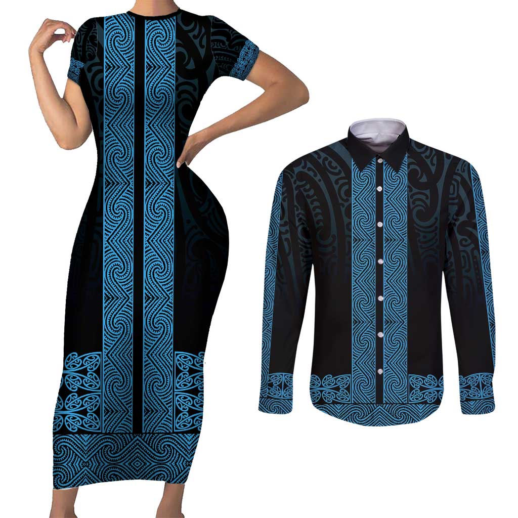 New Zealand Maori Kowhaiwhai Couples Matching Short Sleeve Bodycon Dress and Long Sleeve Button Shirt Kikorangi Maui and Mangopare LT9 Blue - Polynesian Pride