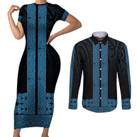 New Zealand Maori Kowhaiwhai Couples Matching Short Sleeve Bodycon Dress and Long Sleeve Button Shirt Kikorangi Maui and Mangopare LT9 Blue - Polynesian Pride