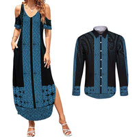 New Zealand Maori Kowhaiwhai Couples Matching Summer Maxi Dress and Long Sleeve Button Shirt Kikorangi Maui and Mangopare LT9 Blue - Polynesian Pride