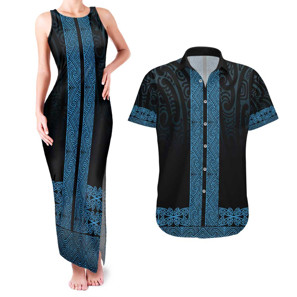 New Zealand Maori Kowhaiwhai Couples Matching Tank Maxi Dress and Hawaiian Shirt Kikorangi Maui and Mangopare LT9 Blue - Polynesian Pride