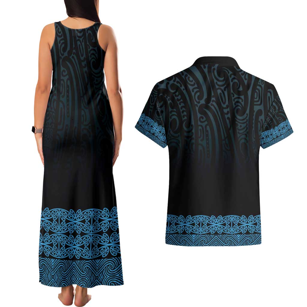 New Zealand Maori Kowhaiwhai Couples Matching Tank Maxi Dress and Hawaiian Shirt Kikorangi Maui and Mangopare LT9 - Polynesian Pride