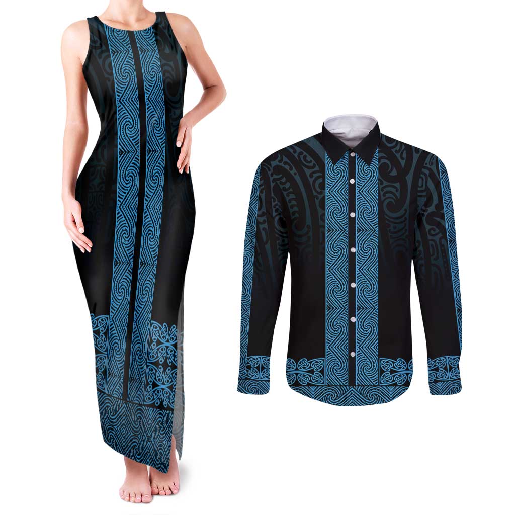 New Zealand Maori Kowhaiwhai Couples Matching Tank Maxi Dress and Long Sleeve Button Shirt Kikorangi Maui and Mangopare LT9 Blue - Polynesian Pride