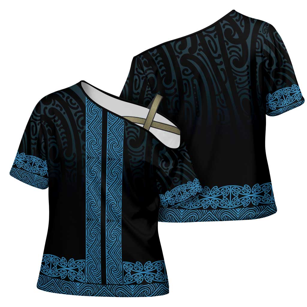 New Zealand Maori Kowhaiwhai Cross Shoulder Shirt Kikorangi Maui and Mangopare - Polynesian Pride