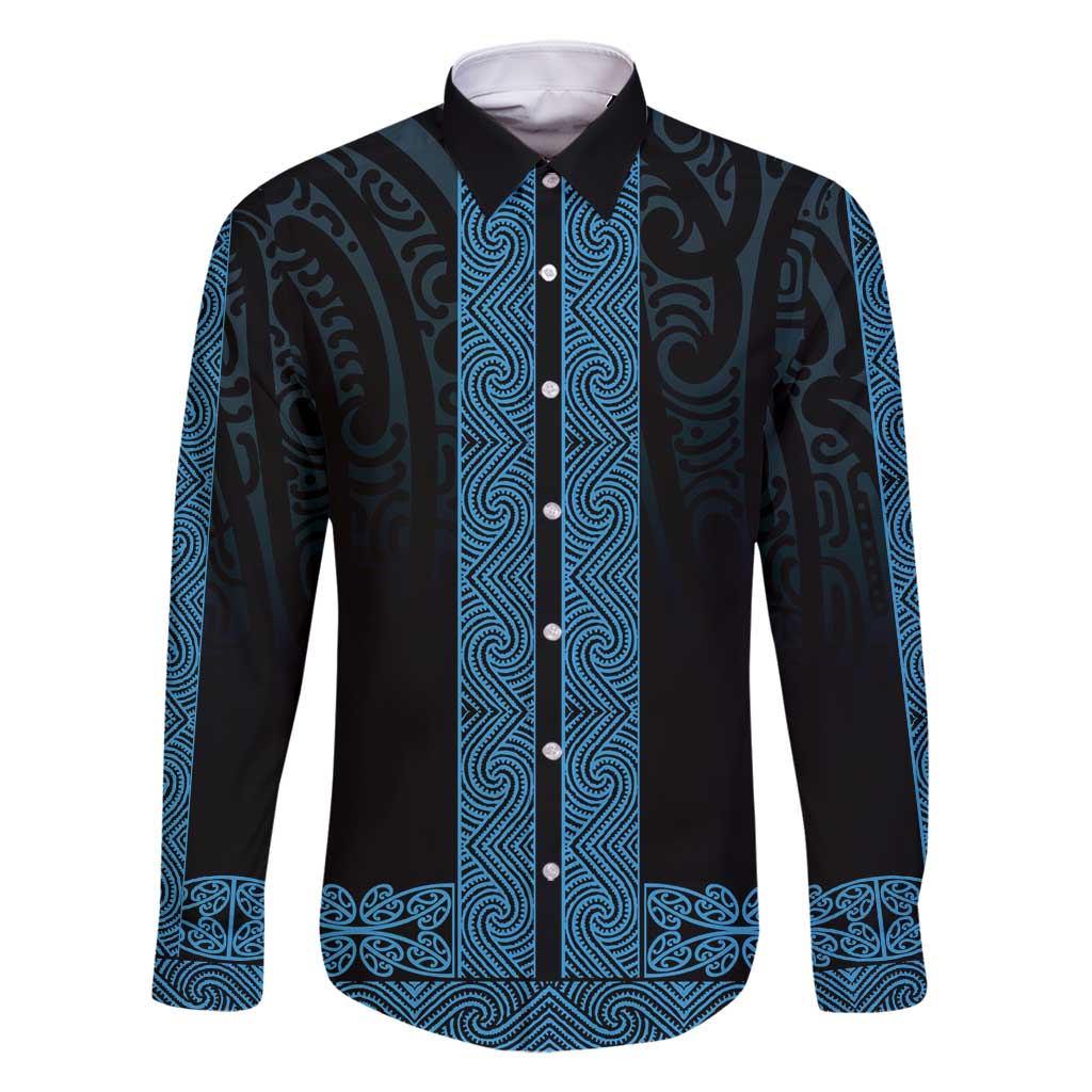 New Zealand Maori Kowhaiwhai Family Matching Mermaid Dress and Hawaiian Shirt Kikorangi Maui and Mangopare LT9 Dad's Shirt - Long Sleeve Blue - Polynesian Pride