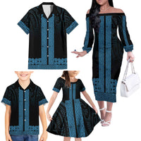 New Zealand Maori Kowhaiwhai Family Matching Off The Shoulder Long Sleeve Dress and Hawaiian Shirt Kikorangi Maui and Mangopare