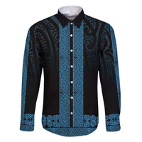 New Zealand Maori Kowhaiwhai Family Matching Off Shoulder Short Dress and Hawaiian Shirt Kikorangi Maui and Mangopare LT9 Dad's Shirt - Long Sleeve Blue - Polynesian Pride