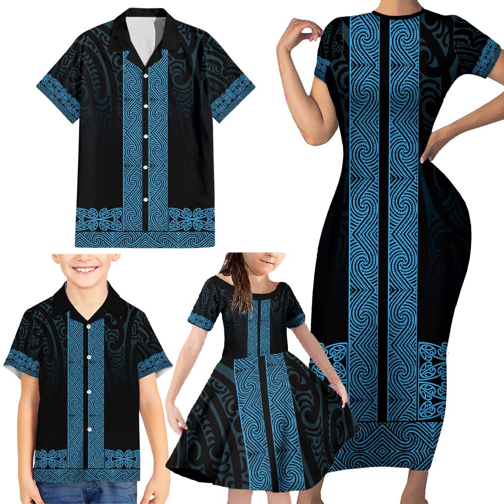 New Zealand Maori Kowhaiwhai Family Matching Short Sleeve Bodycon Dress and Hawaiian Shirt Kikorangi Maui and Mangopare LT9 - Polynesian Pride