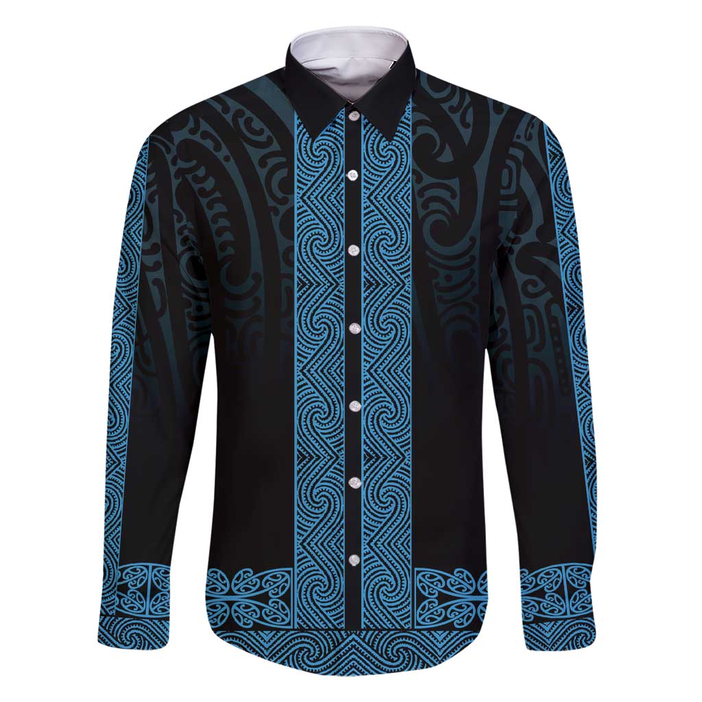 New Zealand Maori Kowhaiwhai Family Matching Short Sleeve Bodycon Dress and Hawaiian Shirt Kikorangi Maui and Mangopare LT9 Dad's Shirt - Long Sleeve Blue - Polynesian Pride