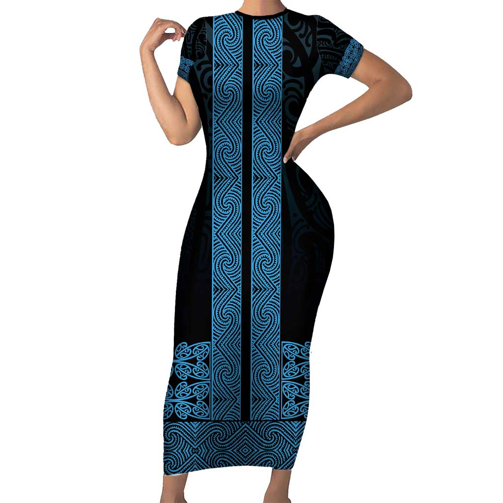 New Zealand Maori Kowhaiwhai Family Matching Short Sleeve Bodycon Dress and Hawaiian Shirt Kikorangi Maui and Mangopare LT9 Mom's Dress Blue - Polynesian Pride