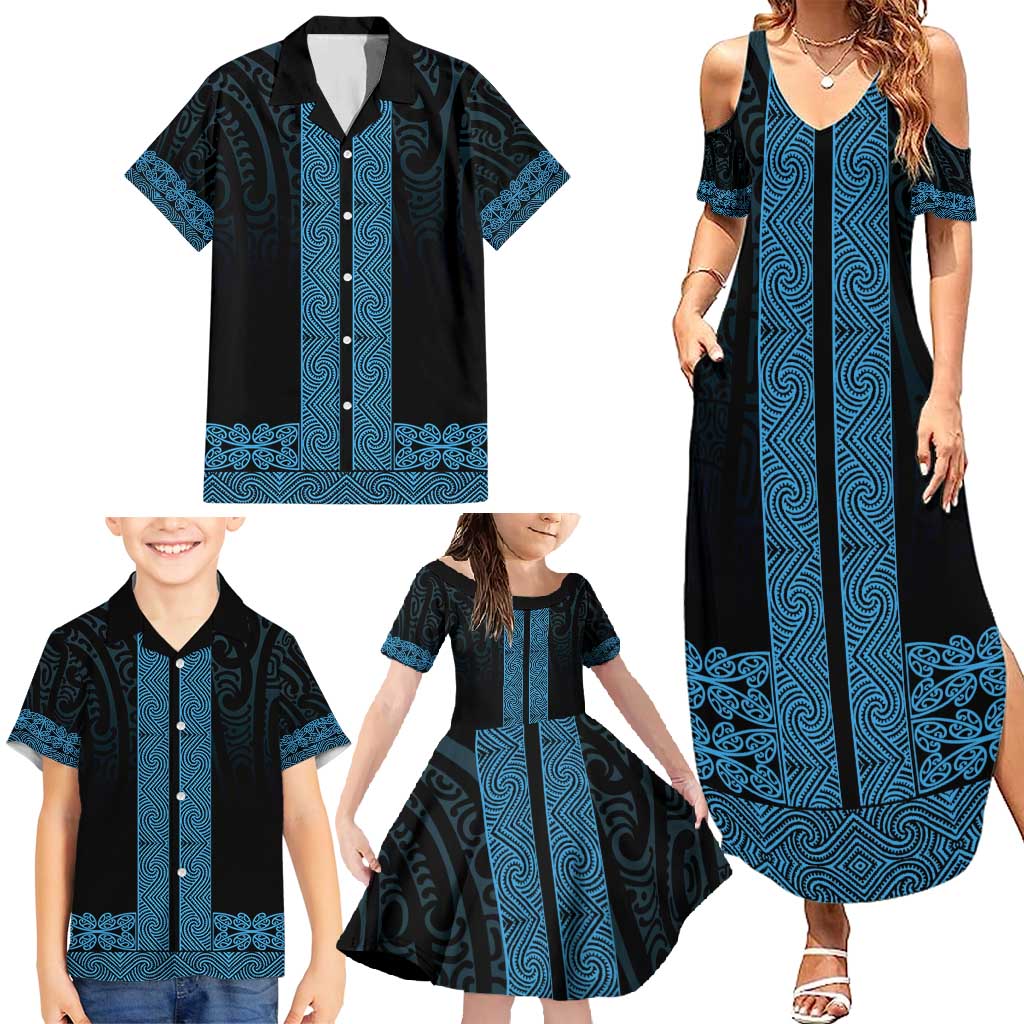 New Zealand Maori Kowhaiwhai Family Matching Summer Maxi Dress and Hawaiian Shirt Kikorangi Maui and Mangopare